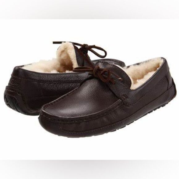 UGG Byron Chocolate Brown Leather Shearling Lined Driving Moccasins Slippers - Picture 10 of 10